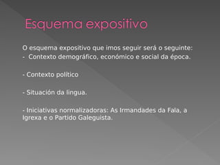 O esquema expositivo que imos seguir será o seguinte:
- Contexto demográfico, económico e social da época.
- Contexto político
- Situación da lingua.
- Iniciativas normalizadoras: As Irmandades da Fala, a
Igrexa e o Partido Galeguista.
 