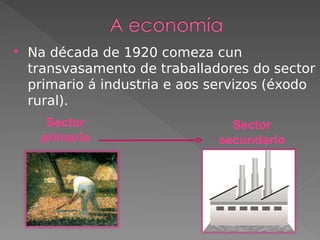  Na década de 1920 comeza cun
transvasamento de traballadores do sector
primario á industria e aos servizos (éxodo
rural).
Sector
primario
Sector
secundario
 