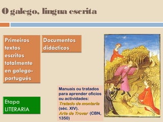 O galego, lingua escrita




              Manuais ou tratados
              para aprender oficios
              ou actividades:
              Tratado de montaría
              (séc. XIV).
              Arte de Trovar (CBN,
              1350)
 