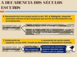 A DECADENCIA DOS SÉCULOS
ESCUROS
6. Nacemento dun novo grupo social no séc. XVI, a fidalguía , integrada
   pola baixa nobreza ou por burgueses que serven de intermediarios nos
   arrendamentos.

                         EMIGRACIÓN (a Castela, a Portugal e a América)
CONSECUENCIAS
                        PERDA DE POBOACIÓN, POLA EMIGRACIÓN E POLAS
                        LEVAS PARA PARTICIPAR NAS GUERRAS DA COROA DE
                        CASTELA


7. Instauración da monarquía borbónica e nacemento da nación estado
    española, no séc.XVIII. Triunfo do Absolutismo e Despotismo ilustrado.

                       CENTRALISMO       RACIONALISMO comezan a
                                          Ilustrados que ILUSTRACIÓN
CONSECUENCIAS          Máis emigración  reclamar dignidade para
                       MARXINACIÓN DE GALIZA e ENSINO EN CASTELÁN
                                        Galiza para os galegos.
 