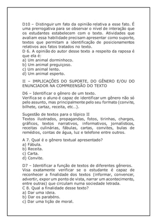 D10 – Distinguir um fato da opinião relativa a esse fato. É
uma prerrogativa para se observar o nível de interação que
os estudantes estabelecem com o texto. Atividades que
avaliam essa habilidade precisam apresentar como suporte,
textos que permitam a identificação de posicionamentos
relativos aos fatos tratados no texto.
D 6. A opinião do autor desse texto a respeito da raposa é
que ela é:
a) Um animal dorminhoco.
b) Um animal preguiçoso.
c) Um animal lento.
d) Um animal esperto.
II – IMPLICAÇÕES DO SUPORTE, DO GÊNERO E/OU DO
ENUNCIADOR NA COMPREENSÃO DO TEXTO
D6 – Identificar o gênero de um texto.
Verifica se o aluno é capaz de identificar um gênero não só
pelo assunto, mas principalmente pelo seu formato (convite,
bilhete, cartaz, receita, etc…).
Sugestão de textos para o tópico II
Textos ilustrados, propagandas, fotos, tirinhas, charges,
gráficos, textos narrativos, informativos, jornalísticos,
receitas culinárias, fábulas, cartas, convites, bulas de
remédios, contas de água, luz e telefone entre outros.
A 7. Qual é o gênero textual apresentado?
a) Fábula.
b) Receita.
c) Carta.
d) Convite.
D7 – Identificar a função de textos de diferentes gêneros.
Visa exatamente verificar se o estudante é capaz de
reconhecer a finalidade dos textos (informar, convencer,
advertir, expor um ponto de vista, narrar um acontecimento,
entre outras) que circulam numa sociedade letrada.
C 8. Qual a finalidade desse texto?
a) Dar uma ideia.
b) Dar os parabéns.
c) Dar uma lição de moral.
 