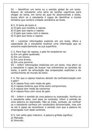 D1 – Identificar um tema ou o sentido global de um texto.
Requer do estudante uma série de tarefas cognitivas para
chegar ao tema, em torno do qual foi desenvolvido o texto,
busca aferir se o estudante é capaz de identificar o núcleo
temático que confere unidade semântica ao texto.
B 2. O tema do texto é:
a) O galo que recebeu a raposa.
b) O galo que logrou a raposa.
c) O galo que casou com a raposa.
d) O galo que bicou a raposa.
D2 – Localizar informações explicita em um texto. Afere a
capacidade de o estudante localizar uma informação que se
encontra explicitamente na sua superfície.
C 3. Para fugir da raposa, o galo foi empoleirar-se:
a) Em um galho quebrado.
b) Em um tronco.
c) Em uma árvore.
d) Em uma parreira.
D3 – Inferir informações implícitas em um texto. Visa aferir se
o estudante é capaz de buscar nas entrelinhas os sentidos do
texto, a partir da articulação das proposições explícitas e do
conhecimento de mundo do leitor.
C 4. Por que a raposa resolveu desistir da confraternização com
o galo?
a) A raposa ficou com medo do galo.
b) A raposa lembrou que tinha outro compromisso.
c) A raposa tem medo de cachorros
d) A raposa ficou com raiva do galo.
D5 – Inferir o sentido de uma palavra ou expressão. Verifica se
o estudante sabe, com base no contexto, inferir o sentido de
uma palavra ou expressão. Não se trata, contudo, de verificar
se o estudante conhece um vocabulário dicionarizado, mas sim
se ele é capaz de reconhecer o sentido com que a palavra foi
empregada num dado contexto.
D 5. Um velho galo matreiro. A palavra grifada significa:
a) Malvado.
b) Atrevido.
 
