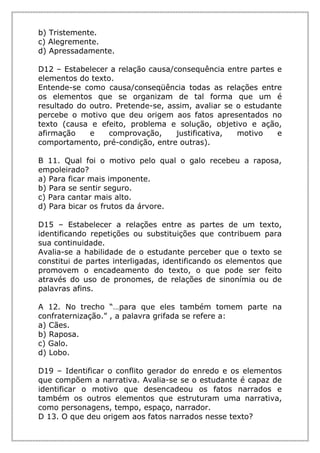 b) Tristemente.
c) Alegremente.
d) Apressadamente.
D12 – Estabelecer a relação causa/consequência entre partes e
elementos do texto.
Entende-se como causa/conseqüência todas as relações entre
os elementos que se organizam de tal forma que um é
resultado do outro. Pretende-se, assim, avaliar se o estudante
percebe o motivo que deu origem aos fatos apresentados no
texto (causa e efeito, problema e solução, objetivo e ação,
afirmação e comprovação, justificativa, motivo e
comportamento, pré-condição, entre outras).
B 11. Qual foi o motivo pelo qual o galo recebeu a raposa,
empoleirado?
a) Para ficar mais imponente.
b) Para se sentir seguro.
c) Para cantar mais alto.
d) Para bicar os frutos da árvore.
D15 – Estabelecer a relações entre as partes de um texto,
identificando repetições ou substituições que contribuem para
sua continuidade.
Avalia-se a habilidade de o estudante perceber que o texto se
constitui de partes interligadas, identificando os elementos que
promovem o encadeamento do texto, o que pode ser feito
através do uso de pronomes, de relações de sinonímia ou de
palavras afins.
A 12. No trecho “…para que eles também tomem parte na
confraternização.” , a palavra grifada se refere a:
a) Cães.
b) Raposa.
c) Galo.
d) Lobo.
D19 – Identificar o conflito gerador do enredo e os elementos
que compõem a narrativa. Avalia-se se o estudante é capaz de
identificar o motivo que desencadeou os fatos narrados e
também os outros elementos que estruturam uma narrativa,
como personagens, tempo, espaço, narrador.
D 13. O que deu origem aos fatos narrados nesse texto?
 