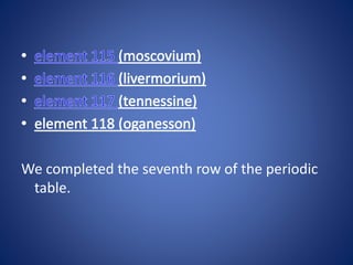We completed the seventh row of the periodic
table.
 