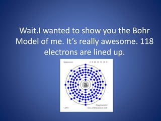 Wait.I wanted to show you the Bohr
Model of me. It’s really awesome. 118
electrons are lined up.
 