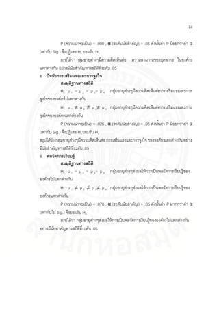 74
P (ความน่าจะเป็น) = .000 , α (ระดับนัยสาคัญ) = .05 ดังนั้นค่า P น้อยกว่าค่า α
(เท่ากับ Sig.) จึงปฏิเสธ H0 ยอมรับ H1
สรุปได้ว่า กลุ่มอายุต่างๆมีความคิดเห็นต่อ ความสามารถของบุคลากร ในองค์กร
แตกต่างกัน อย่างมีนัยสาคัญทางสถิติที่ระดับ .05
8. ปัจจัยการเสริมแรงและการจูงใจ
สมมุติฐานทางสถิติ
H0 : µ 1 = µ 2 = µ 3= µ 4 กลุ่มอายุต่างๆมีความคิดเห็นต่อการเสริมแรงและการ
จูงใจขององค์กรไม่แตกต่างกัน
H1 : µ 1 ≠ µ 2 ≠ µ 3≠ µ 4 กลุ่มอายุต่างๆมีความคิดเห็นต่อการเสริมแรงและการ
จูงใจขององค์กรแตกต่างกัน
P (ความน่าจะเป็น) = .026 , α (ระดับนัยสาคัญ) = .05 ดังนั้นค่า P น้อยกว่าค่า α
(เท่ากับ Sig.) จึงปฏิเสธ H0 ยอมรับ H1
สรุปได้ว่า กลุ่มอายุต่างๆมีความคิดเห็นต่อการเสริมแรงและการจูงใจ ขององค์กรแตกต่างกัน อย่าง
มีนัยสาคัญทางสถิติที่ระดับ .05
9. พลวัตการเรียนรู้
สมมุติฐานทางสถิติ
H0 : µ 1 = µ 2 = µ 3= µ 4 กลุ่มอายุต่างๆส่งผลให้การเป็นพลวัตการเรียนรู้ของ
องค์กรไม่แตกต่างกัน
H1 : µ 1 ≠ µ 2 ≠ µ 3≠ µ 4 กลุ่มอายุต่างๆส่งผลให้การเป็นพลวัตการเรียนรู้ของ
องค์กรแตกต่างกัน
P (ความน่าจะเป็น) = .078 , α (ระดับนัยสาคัญ) = .05 ดังนั้นค่า P มากกว่าค่า α
(เท่ากับไม่ Sig.) จึงยอมรับ H0
สรุปได้ว่า กลุ่มอายุต่างๆส่งผลให้การเป็นพลวัตการเรียนรู้ขององค์กรไม่แตกต่างกัน
อย่างมีนัยสาคัญทางสถิติที่ระดับ .05
 