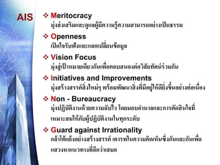 AIS 
Meritocracyมุ่งส่งเสริมและดูแลผู้มีความรู้ความสามารถอย่างเป็นธรรม 
Opennessเปิดใจรับฟังและแลกเปลี่ยนข้อมูล 
Vision Focusมุ่งสู่เป้าหมายเดียวกันเพื่อตอบสนองต่อวิสัยทัศน์ร่วมกัน 
Initiatives andImprovementsมุ่งสร้างสรรค์สิ่งใหม่ๆ พร้อมพัฒนาสิ่งที่มีอยู่ให้ดียิ่งขึ้นอย่างต่อเนื่อง 
Non -Bureaucracyมุ่งปฏิบัติงานด้วยความฉับไว โดยมอบอานาจและการตัดสินใจที่ เหมาะสมให้กับผู้ปฏิบัติงานในทุกระดับ 
Guard against Irrationalityกล้าโต้แย้งอย่างสร้างสรรค์ เคารพในความคิดเห็นซึ่งกันและกันเพื่อ แสวงหาแนวทางที่ดีกว่าเสมอ  