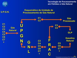 U.P.G.N. Esquemático de Unidade de Processamento de Gás Natural C1 C2 C3 C4 C5 C6 C7 + Gás Natural U P G N C1 C2 C3 C4 C5 C6 C7 + FRAC Gás Processado GLP Gasolina Natural GNL C5 C6 C7 + C3 C4 