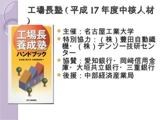 工場長塾 ( 平成 17 年度中核人材
)
主催：名古屋工業大学
特別協力：（株）豊田自動織

機・（株）デンソー技研セン
ター
協賛：愛知銀行・岡﨑信用金
庫・大垣共立銀行・三重銀行
後援：中部経済産業局

 