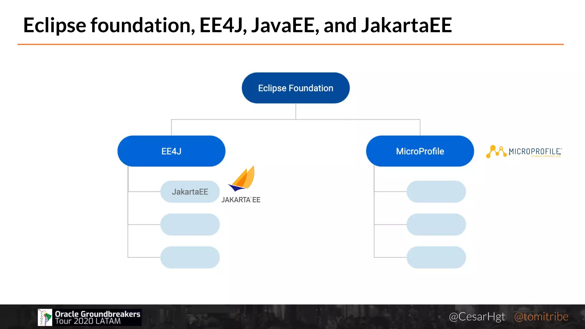 @CesarHgt @tomitribejugbaq.org
Eclipse foundation, EE4J, JavaEE, and JakartaEE
 