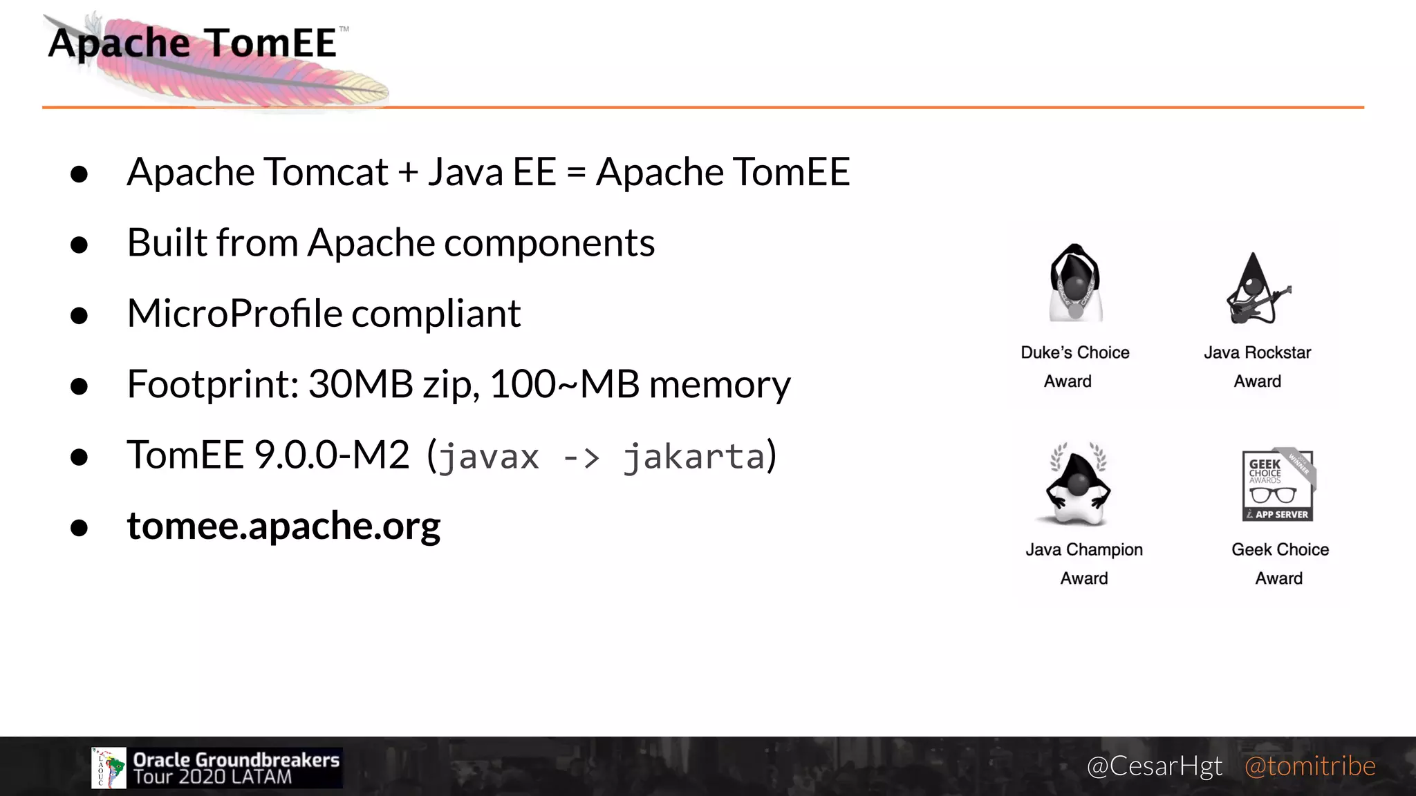 @CesarHgt @tomitribejugbaq.org
● Apache Tomcat + Java EE = Apache TomEE
● Built from Apache components
● MicroProﬁle compliant
● Footprint: 30MB zip, 100~MB memory
● TomEE 9.0.0-M2 (javax -> jakarta)
● tomee.apache.org
 