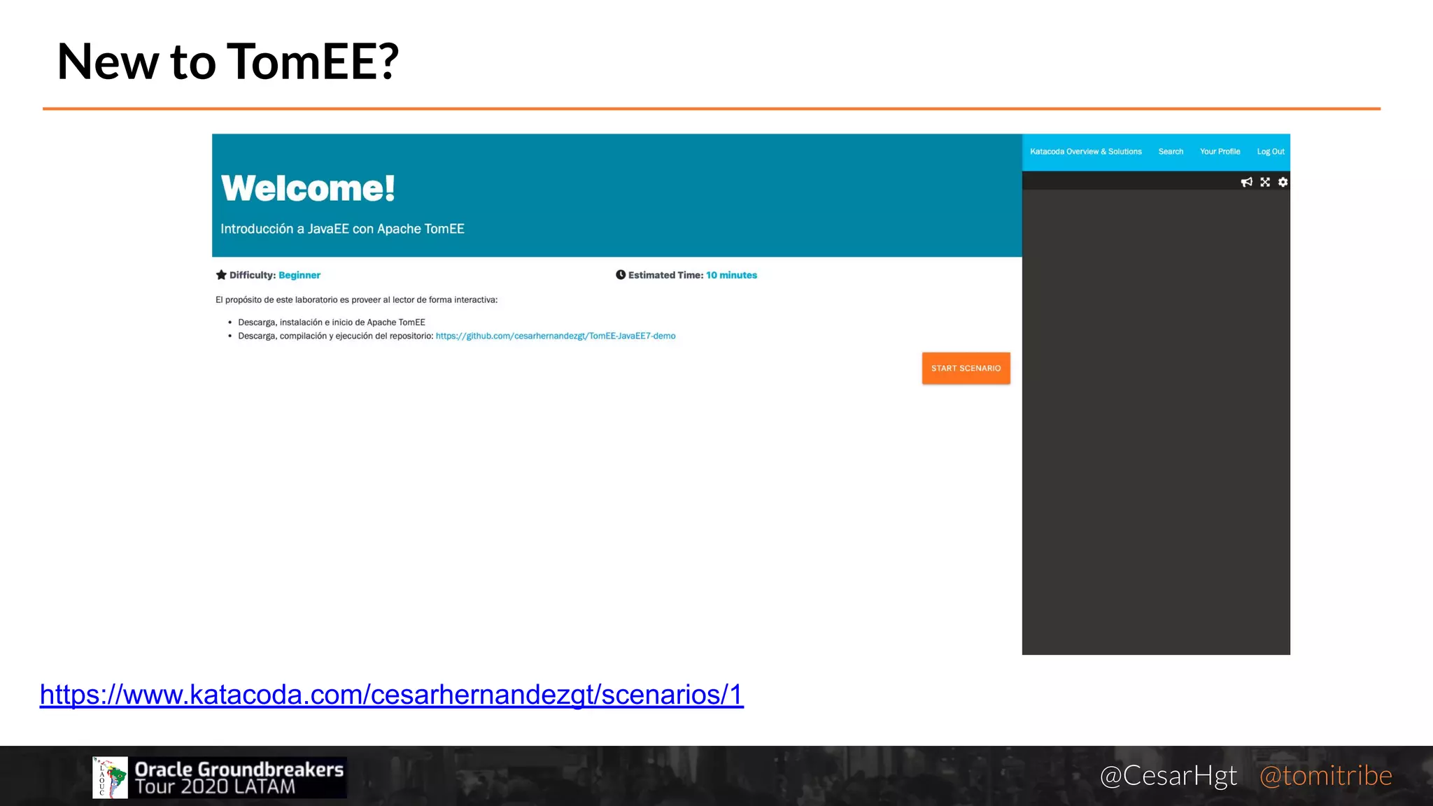 @CesarHgt @tomitribejugbaq.org
New to TomEE?
https://www.katacoda.com/cesarhernandezgt/scenarios/1
 