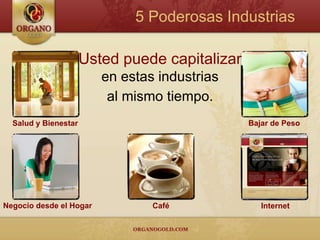 5 Poderosas IndustriasUsted puede capitalizaren estas industriasal mismo tiempo.Salud y BienestarBajar de PesoNegocio desde el HogarCaféInternet