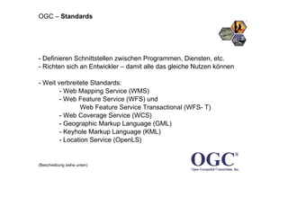 - Definieren Schnittstellen zwischen Programmen, Diensten, etc.  - Richten sich an Entwickler – damit alle das gleiche Nutzen können - Weit verbreitete Standards: - Web Mapping Service (WMS) - Web Feature Service (WFS) und  Web Feature Service Transactional (WFS- T) - Web Coverage Service (WCS) - Geographic Markup Language (GML) - Keyhole Markup Language (KML) - Location Service (OpenLS)  (Beschreibung siehe unten)   OGC –  Standards 