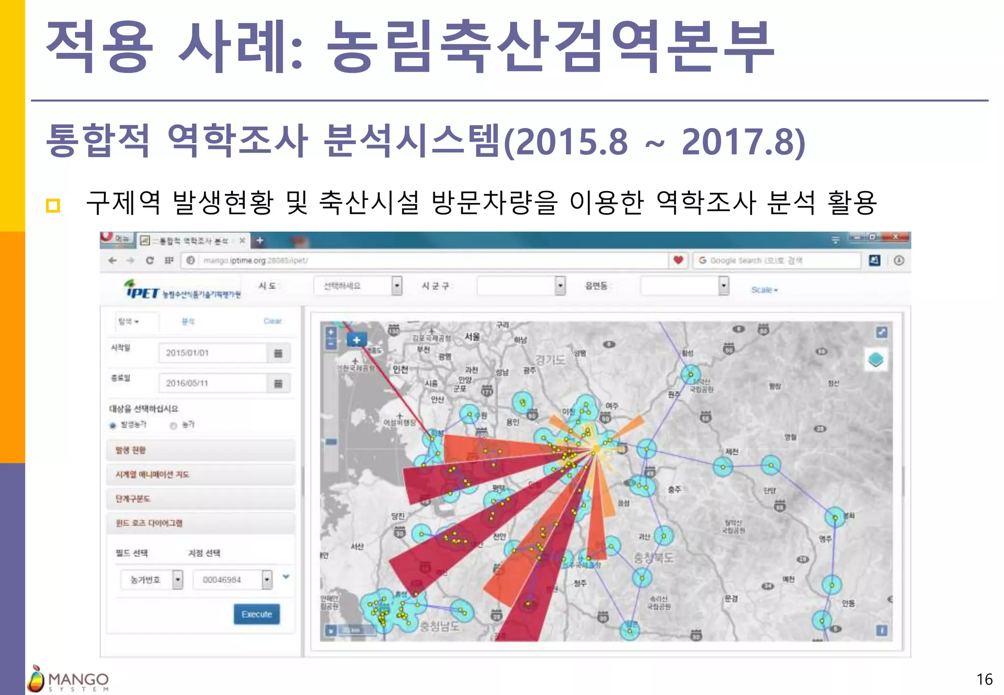 적용 사례: 농림축산검역본부
 구제역 발생현황 및 축산시설 방문차량을 이용한 역학조사 분석 활용
16
통합적 역학조사 분석시스템(2015.8 ~ 2017.8)
 