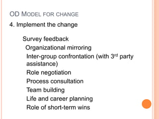 OD MODEL FOR CHANGE
4. Implement the change
Survey feedback
Organizational mirroring
Inter-group confrontation (with 3rd party
assistance)
Role negotiation
Process consultation
Team building
Life and career planning
Role of short-term wins
 