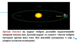 10
Нар дэлхий хоёрын хоорондох зай 150 сая км боловч 1 сарын 3-нд
30,3 км/сек хурдтайгаар 147 сая км болж ойртохыг перигелий, 7
сарын 4-нд 24,3 км/сек хурдтайгаар 152 сая км болж холдохыг
афелий гэж нэрлэнэ.
Улирал солигддоггол шалтгаан
1, Дэлхийн тэнхлэг хазгай байдагтай холбоотой. Дэлхий эргэлтийн тэнхлэг орбитын
хатгайдаа перпендикулярбиш, 66,5⁰-ынөнцгөөрбосоошугамд 23,5⁰хазгай оршино.
2. Энэ тэнхлэгийн хазайлтын өнцөг нь нарыг тойрох явцад хэвээр хадгалагдан үлдэнэ. Үүнээс
болооддэлхийхойд баөмнөд талаараа ээлжлэннар луухазайж улирлынялгааүүсдэг.
Аргын тоолол нь нарыг тойрох дэлхийн хөдөлгөөнийг
тооцсон тоолол юм. Дэлхий нарыг 365 хоногт 1 бүтэн тойрох
хугацааг аргын жил гэнэ. Нэг жилийн хугацаанд 12 сар, 4
улирал ээлжлэн солигдоно.
 