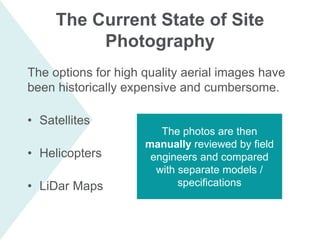 The options for high quality aerial images have
been historically expensive and cumbersome.
• Satellites
• Helicopters
• LiDar Maps
The Current State of Site
Photography
The photos are then
manually reviewed by field
engineers and compared
with separate models /
specifications
 