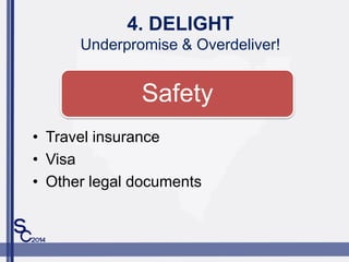 4. DELIGHT
Underpromise & Overdeliver!
? Travel insurance
? Visa
? Other legal documents
Safety
 