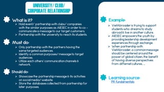 What is it?
Should do:
Must do:
Example:
Learning source:
UNIVERSITY/ CLUB/
CORPORATE RELATIONSHIP
 Hold event/ partnership with clubs/ companies
with the similar purposes as AIESEC in order to co –
communicate a message to our target customers.
 Partnership with the university to reach its students.
 Only partnership with the partners having the
same targeted audiences.
 Identify a common purposes/ message to target
audiences.
 Utilize each others’ communicationchannels &
network.
 Showcase the partnership message & its activities
on social media/ website.
 Store the databases collected from partnership for
later purposes.
PR fundamentals
 VietAbroader is trying to support
students who dreams to study
abroad & live in another culture.
 AIESEC empowers the youth by
providing leadership development
experiences through exchange.
 When partnership with
VietAbroader, a commonmessage
should be centered around the
power of global citizen, the benefit
of having diverse perspectives
from differnet cultures, …
 