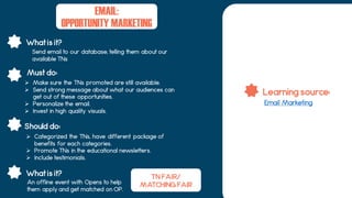 What is it?
Should do:
Must do:
Learning source:
EMAIL:
OPPORTUNITY MARKETING
Send email to our database, telling them about our
available TNs
 Make sure the TNs promoted are still available.
 Send strong message about what our audiences can
get out of these opportunities.
 Personalize the email.
 Invest in high quality visuals.
 Categorized the TNs, have different package of
benefits for each categories.
 Promote TNs in the educational newsletters.
 Include testimonials.
What is it? TN FAIR/
MATCHING FAIRAn offline event with Opens to help
them apply and get matched on OP.
Email Marketing
 