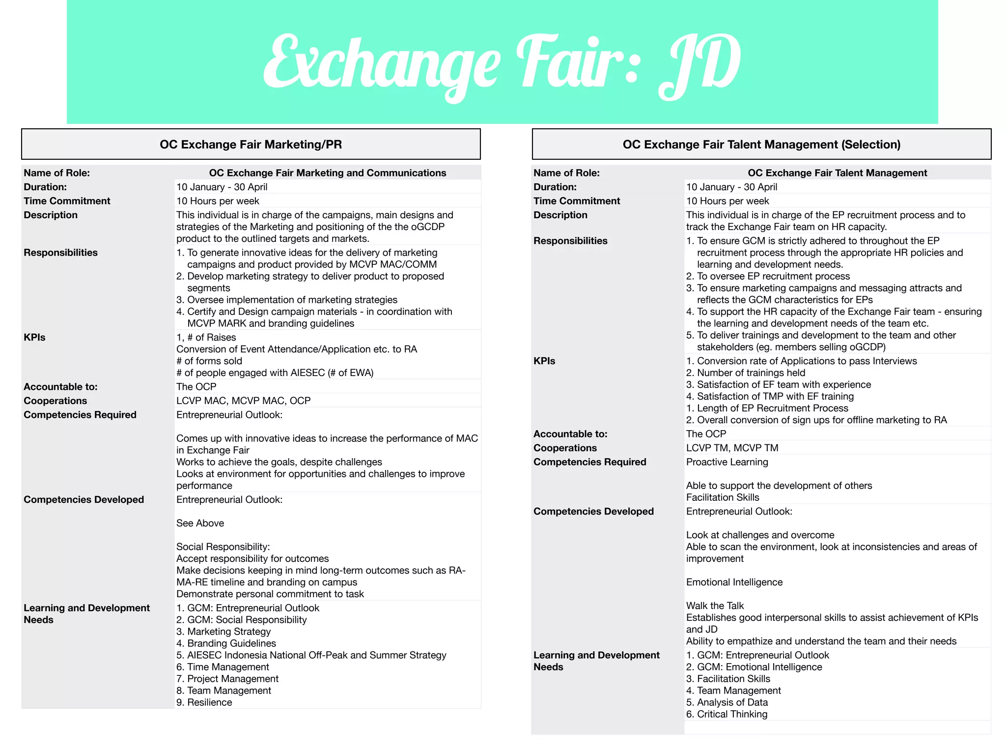 Exchange Fair: JD
OC Exchange Fair Marketing/PR
Name of Role:
Duration:
Time Commitment
Description

OC Exchange Fair Talent Management (Selection)
Name of Role:
Duration:
Time Commitment
Description

Accountable to:
Cooperations
Competencies Required

OC Exchange Fair Marketing and Communications
10 January - 30 April
10 Hours per week
This individual is in charge of the campaigns, main designs and
strategies of the Marketing and positioning of the the oGCDP
product to the outlined targets and markets.
1. To generate innovative ideas for the delivery of marketing
campaigns and product provided by MCVP MAC/COMM
2. Develop marketing strategy to deliver product to proposed
segments
3. Oversee implementation of marketing strategies
4. Certify and Design campaign materials - in coordination with
MCVP MARK and branding guidelines
1, # of Raises
Conversion of Event Attendance/Application etc. to RA
# of forms sold
# of people engaged with AIESEC (# of EWA)
The OCP
LCVP MAC, MCVP MAC, OCP
Entrepreneurial Outlook:

Accountable to:
Cooperations
Competencies Required

Competencies Developed

Comes up with innovative ideas to increase the performance of MAC
in Exchange Fair
Works to achieve the goals, despite challenges
Looks at environment for opportunities and challenges to improve
performance
Entrepreneurial Outlook:

OC Exchange Fair Talent Management
10 January - 30 April
10 Hours per week
This individual is in charge of the EP recruitment process and to
track the Exchange Fair team on HR capacity.
1. To ensure GCM is strictly adhered to throughout the EP
recruitment process through the appropriate HR policies and
learning and development needs.
2. To oversee EP recruitment process
3. To ensure marketing campaigns and messaging attracts and
reﬂects the GCM characteristics for EPs
4. To support the HR capacity of the Exchange Fair team - ensuring
the learning and development needs of the team etc.
5. To deliver trainings and development to the team and other
stakeholders (eg. members selling oGCDP)
1. Conversion rate of Applications to pass Interviews
2. Number of trainings held
3. Satisfaction of EF team with experience
4. Satisfaction of TMP with EF training
1. Length of EP Recruitment Process
2. Overall conversion of sign ups for oﬄine marketing to RA
The OCP
LCVP TM, MCVP TM
Proactive Learning

Competencies Developed

Able to support the development of others
Facilitation Skills
Entrepreneurial Outlook:

Responsibilities

KPIs

Responsibilities

KPIs

See Above

Learning and Development
Needs

Social Responsibility:
Accept responsibility for outcomes
Make decisions keeping in mind long-term outcomes such as RAMA-RE timeline and branding on campus
Demonstrate personal commitment to task
1. GCM: Entrepreneurial Outlook
2. GCM: Social Responsibility
3. Marketing Strategy
4. Branding Guidelines
5. AIESEC Indonesia National Oﬀ-Peak and Summer Strategy
6. Time Management
7. Project Management
8. Team Management
9. Resilience

Look at challenges and overcome
Able to scan the environment, look at inconsistencies and areas of
improvement
Emotional Intelligence

Learning and Development
Needs

Walk the Talk
Establishes good interpersonal skills to assist achievement of KPIs
and JD
Ability to empathize and understand the team and their needs
1. GCM: Entrepreneurial Outlook
2. GCM: Emotional Intelligence
3. Facilitation Skills
4. Team Management
5. Analysis of Data
6. Critical Thinking

 