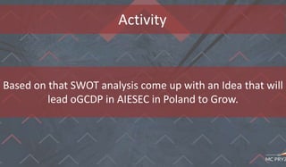 Activity
Based on that SWOT analysis come up with an Idea that will
lead oGCDP in AIESEC in Poland to Grow.
 
