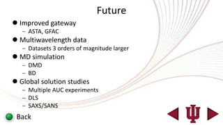 Future
 Improved gateway
     ASTA, GFAC
 Multiwavelength data
     Datasets 3 orders of magnitude larger
 MD simulation
     DMD
     BD
 Global solution studies
     Multiple AUC experiments
     DLS
     SAXS/SANS
 Back
 