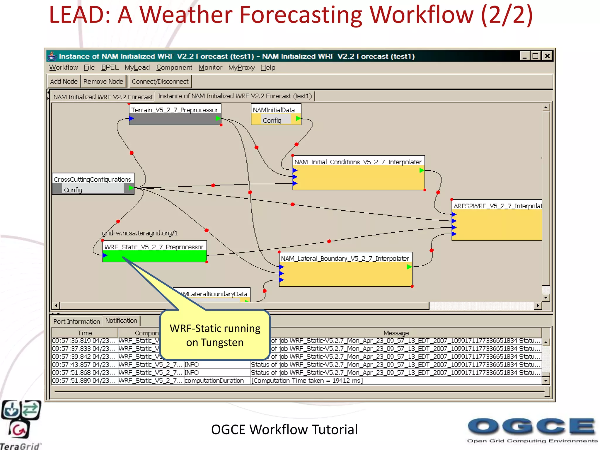 LEAD: A Weather Forecasting Workflow (2/2)




          WRF-Static running
            on Tungsten




                  OGCE Workflow Tutorial
 