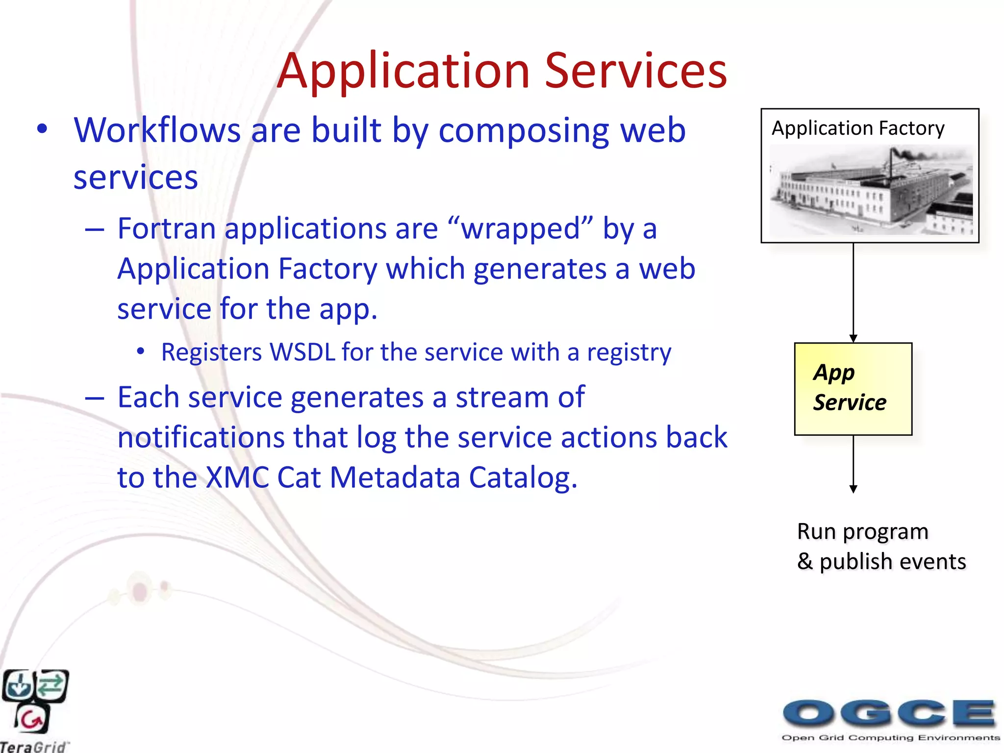 Application Services
• Workflows are built by composing web                  Application Factory

  services                                                        c

  – Fortran applications are “wrapped” by a
    Application Factory which generates a web
    service for the app.
     • Registers WSDL for the service with a registry
                                                            App
  – Each service generates a stream of                      Service
    notifications that log the service actions back
    to the XMC Cat Metadata Catalog.
                                                          Run program
                                                          & publish events
 