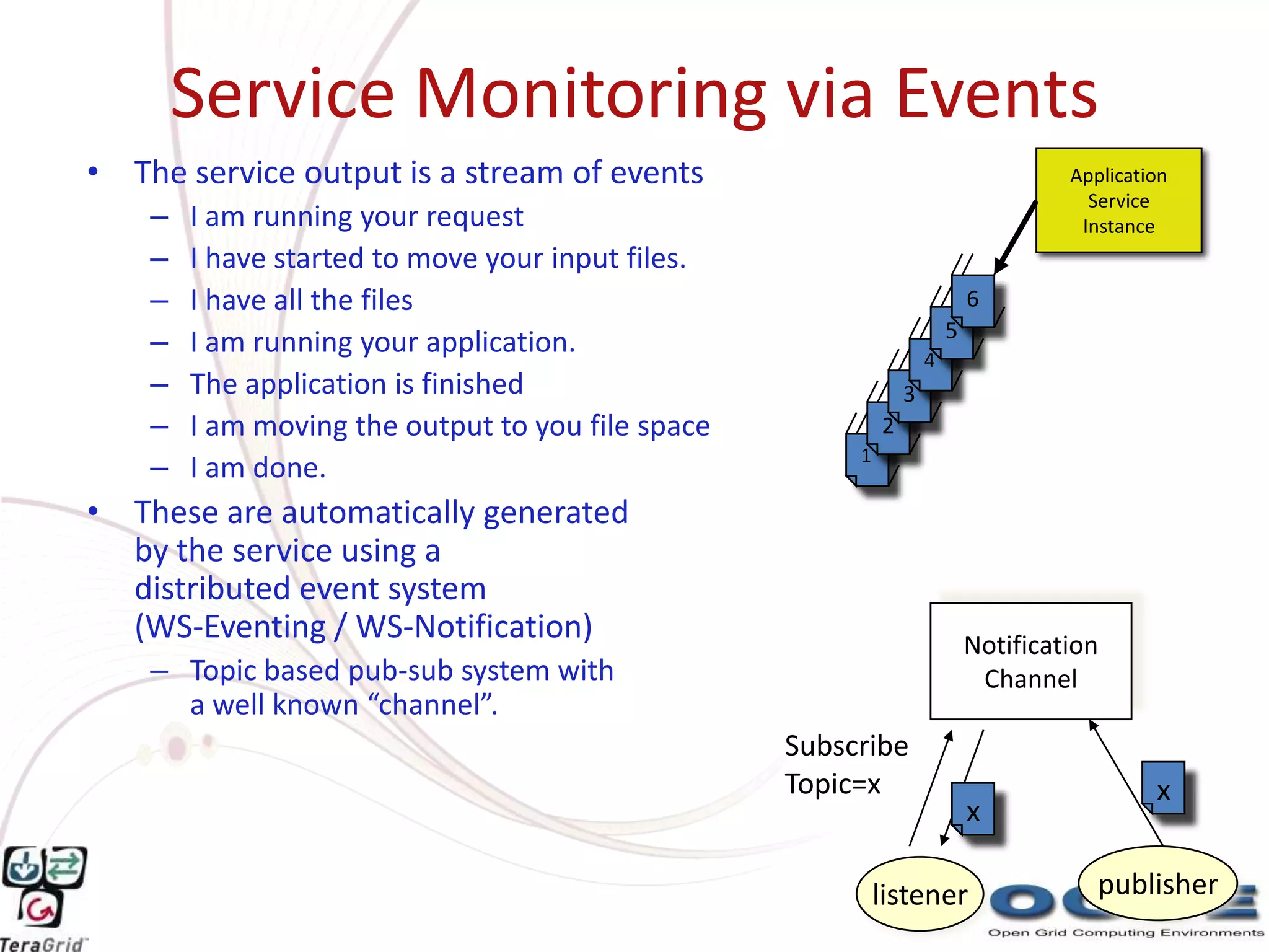 Service Monitoring via Events
• The service output is a stream of events                                           Application
                                                                                       Service
    –   I am running your request                                                     Instance
    –   I have started to move your input files.
    –   I have all the files                                                6
                                                                        5
    –   I am running your application.                              4
    –   The application is finished                             3
    –   I am moving the output to you file space            2
                                                        1
    –   I am done.
• These are automatically generated
  by the service using a
  distributed event system
  (WS-Eventing / WS-Notification)                                           Notification
    – Topic based pub-sub system with                                        Channel
      a well known “channel”.
                                                   Subscribe
                                                   Topic=x                                    x
                                                                            x

                                                            listener                    publisher
 