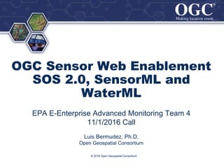 ®
®
OGC Sensor Web Enablement
SOS 2.0, SensorML and
WaterML
EPA E-Enterprise Advanced Monitoring Team 4
11/1/2016 Call
Luis Bermudez, Ph.D.
Open Geospatial Consortium
© 2016 Open Geospatial Consortium
 