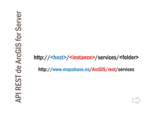 API REST de ArcGIS for Server



                                http://<host>/<instance>/services/<folder>
                                 http://www.mapabase.es/ArcGIS/rest/services
 