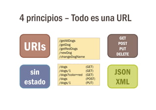 4 principios – Todo es una URL
                                       GET
          /getAllDogs

 URIs     /getDog
          /getRedDogs
          /newDog
                                      POST
                                       PUT
                                     DELETE
          /changeDogName


          /dogs             (GET)

   sin    /dogs/1
          /dogs?color=red
                            (GET)
                            (GET)    JSON
          /dogs             (POST)
 estado   /dogs/1           (PUT)    XML
 