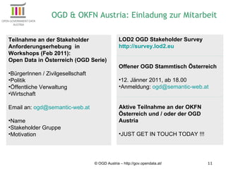 © OGD Austria – http://gov.opendata.at/ OGD & OKFN Austria: Einladung zur Mitarbeit Teilnahme an der Stakeholder Anforderungserhebung  in Workshops (Feb 2011):  Open Data in Österreich (OGD Serie) BürgerInnen / Zivilgesellschaft Politik Öffentliche Verwaltung Wirtschaft Email an:  [email_address] Name Stakeholder Gruppe Motivation LOD2 OGD Stakeholder Survey http://survey.lod2.eu Offener OGD Stammtisch Österreich 12. Jänner 2011, ab 18.00 Anmeldung:  [email_address] Aktive Teilnahme an der OKFN Österreich und / oder der OGD Austria JUST GET IN TOUCH TODAY !!! 