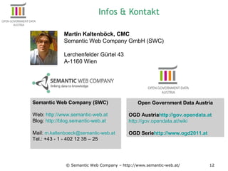 Infos & Kontakt © Semantic Web Company – http://www.semantic-web.at/ Martin Kaltenböck, CMC Semantic Web Company GmbH (SWC) Lerchenfelder Gürtel 43 A-1160 Wien Semantic Web Company (SWC) Web:  http://www.semantic-web.at Blog:  http://blog.semantic-web.at Mail:  [email_address] Tel.: +43 - 1 - 402 12 35 – 25 Open Government Data Austria OGD Austria http://gov.opendata.at http://gov.opendata.at/wiki OGD Serie http://www.ogd2011.at   