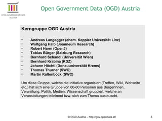 © OGD Austria – http://gov.opendata.at/ Kerngruppe OGD Austria Andreas Langegger (ehem. Keppler Universität Linz) Wolfgang Halb (Joanneum Research) Robert Harm (Open3) Tobias Bürger (Salzburg Research) Bernhard Schandl (Universität Wien) Bernhard Krabina (KDZ) Johann Höchtl (Donauuniversität Krems) Thomas Thurner (SWC) Martin Kaltenböck (SWC) Um diese Gruppe, welche die Initiative organisiert (Treffen, Wiki, Webseite etc.) hat sich eine Gruppe von 60-80 Personen aus BürgerInnen,  Verwaltung, Politik, Medien, Wissenschaft gruppiert, welche an  Veranstaltungen teilnimmt bzw. sich zum Thema austauscht. Open Government Data (OGD) Austria 