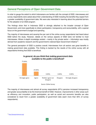 15
General Perceptions of Open Government Data
In order to gauge the extent to which Indonesians are familiar with the concept of OGD, interviewees and
survey respondents were asked about their understanding of OGD including the benefits they expect from
a greater availability of government data. We were also interested in learning about the potential barriers
for the adoption of an OGD program.
The findings show that in Indonesia OGD is strongly attached to the broader concept of Open
Government, and more specifically to citizen participation, transparency and accountability, with a special
focus on the government’s budget and spending.
The majority of interviewees and seventy-five per cent of the online survey respondents had heard about
OGD before the study. However, details on the various aspects of OGD were not familiar to most
interviewees. Where in-depth knowledge existed – mainly in the private sector – information was mostly
derived from academic research and the government’s national Open Government initiative12
.
The general perception of OGD is positive overall. Interviewees from all sectors see great benefits in
making government data available. This finding is backed by the results of the online survey with all
respondents thinking that OGD is beneficial.
	
  
Source:	
  Online	
  Survey	
  
	
  
The majority of interviewees and almost all survey respondents (97%) perceive increased transparency
and greater accountability to be the foremost benefit of OGD. However, improvements in other areas such
as efficiency and innovation, public participation, as well as social and economic benefits are also
considered to result from a greater availability of government data (each more than 65% of survey
respondents).
12
	
  http://opengovindonesia.org/	
  	
  	
  
 