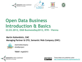 Open Data Business
Introduction & Basics
22.03.2012, OGD BusinessDay2012, RTR - Vienna


Martin Kaltenböck, CMC
Managing Partner & CFO, Semantic Web Company (SWC)

       @semwebcompany
       @lod2project

       TODAY: #ogdb2012


                                            These slides are published under :
                                            http://creativecommons.org/licenses/by/3.0
 