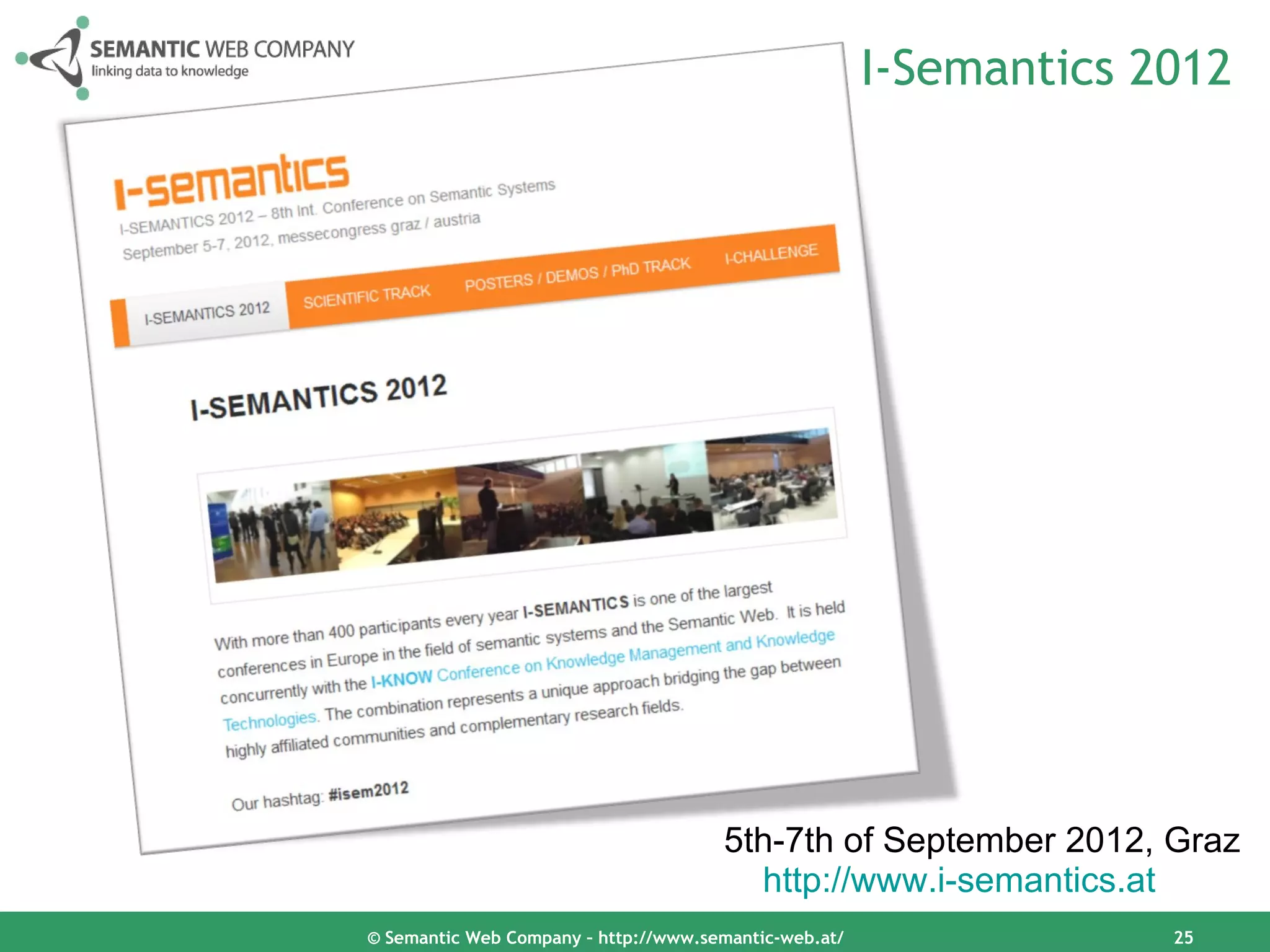 I-Semantics 2012




                                      5th-7th of September 2012, Graz
                                        http://www.i-semantics.at
© Semantic Web Company – http://www.semantic-web.at/                25
 