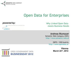 Open Data for Enterprises
powered by:               Why Linked Open Data
                           meets Business Needs


                              Andreas Blumauer
                         Semantic Web Company (SWC)
                          http://www.semantic-web.at

                                  OKFO / OGD Austria
                             http://www.opendata.at

                                           Vienna
                                 March 22nd, 2012
 