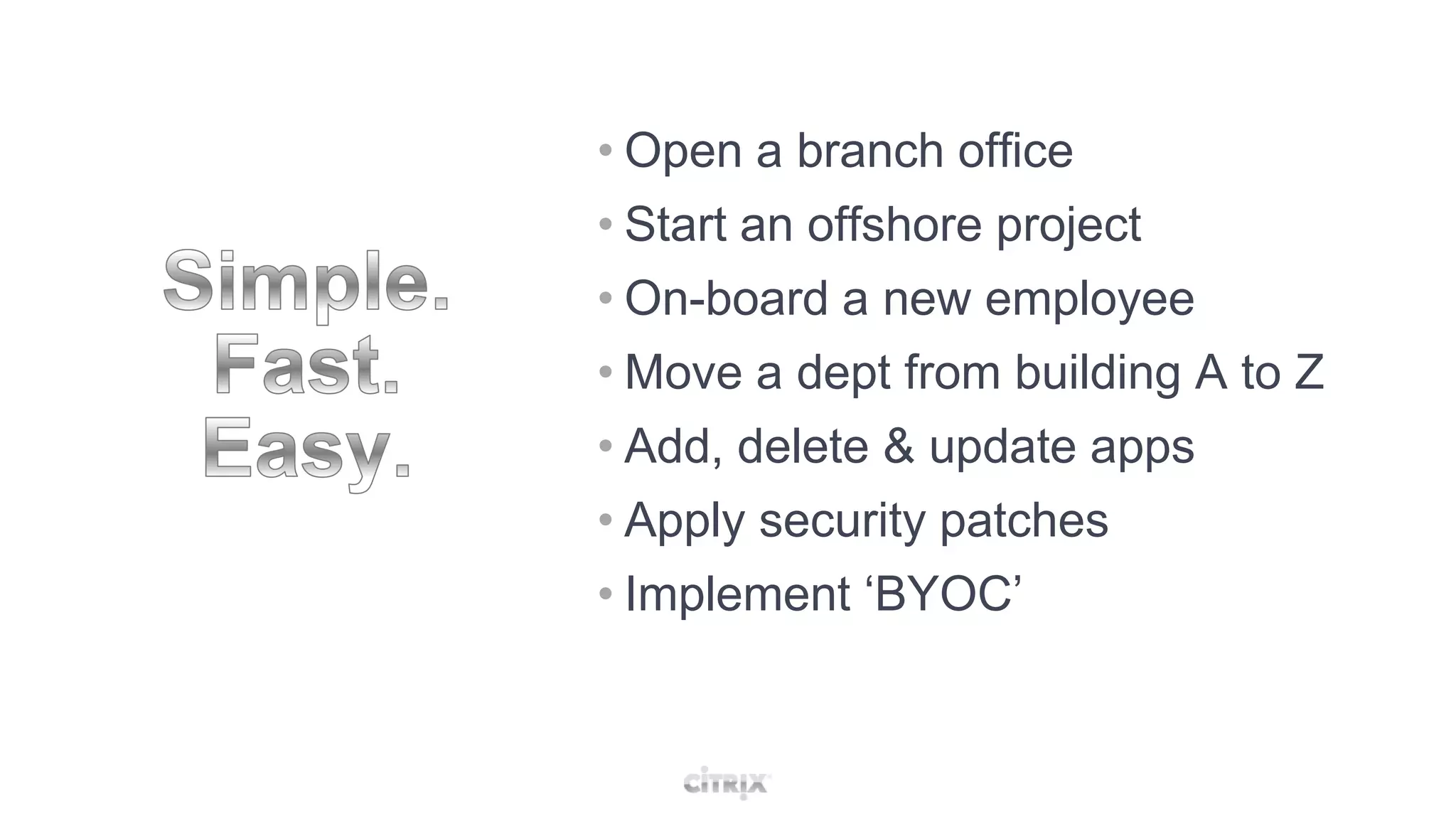Traditional Management Tools & ProcessesTightly Coupled & Locally InstalledCentralized single instance imagesUser1. Procedure8. RetireUser ProfileProfile2. Image7. Back-upAppsAppsDesktop OSDesktop OS3. Secure6. MaintainHardware4. Deploy5. Monitor