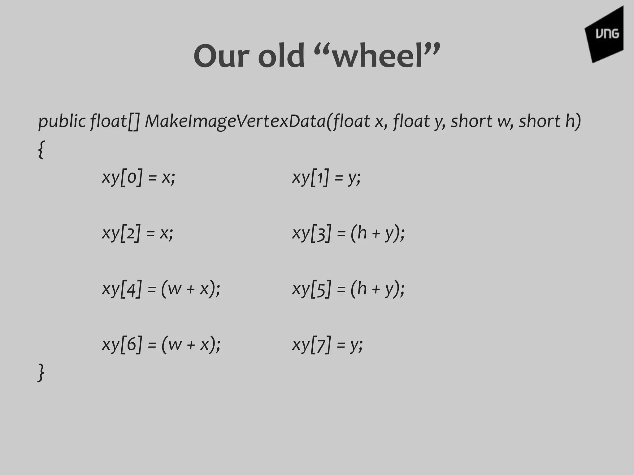 public float[] MakeImageVertexData(float x, float y, short w, short h)
{
xy[0] = x; xy[1] = y;
xy[2] = x; xy[3] = (h + y);
xy[4] = (w + x); xy[5] = (h + y);
xy[6] = (w + x); xy[7] = y;
}
Our old “wheel”
 