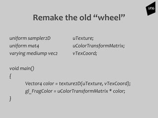 uniform sampler2D uTexture;
uniform mat4 uColorTransformMatrix;
varying mediump vec2 vTexCoord;
void main()
{
Vector4 color = texture2D(uTexture, vTexCoord);
gl_FragColor = uColorTransformMatrix * color;
}
Remake the old “wheel”
 