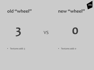 • Textures add: 3 • Textures add: 0
old “wheel”
3 VS 0
new “wheel”
 