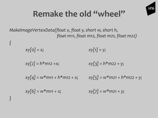 MakeImageVertexData(float x, float y, short w, short h,
float m11, float m12, float m21, float m22)
{
xy[0] = x; xy[1] = y;
xy[2] = h*m12 +x; xy[3] = h*m22 + y;
xy[4] = w*m11 + h*m12 + x; xy[5] = w*m21 + h*m22 + y;
xy[6] = w*m11 + x; xy[7] = w*m21 + y;
}
Remake the old “wheel”
 