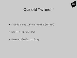 Our old “wheel”
• Encode binary content to string (Base64)
• Use HTTP GET method
• Decode url string to binary
 