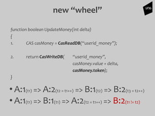 function boolean UpdateMoney(int delta)
{
1. CAS casMoney = CasReadDB(“userid_money”);
2. return CasWriteDB( “userid_money”,
casMoney.value + delta,
casMoney.token);
}
• A:1(t1) => A:2(t2 = t1++) => B:1(t2) => B:2(t3 = t2++)
• A:1(t1) => B:1(t1) => A:2(t2 = t1++) => B:2(t1 != t2)
new “wheel”
 