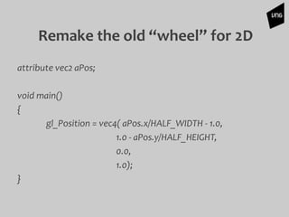 Remake the old “wheel” for 2D
attribute vec2 aPos;
void main()
{
gl_Position = vec4( aPos.x/HALF_WIDTH - 1.0,
1.0 - aPos.y/HALF_HEIGHT,
0.0,
1.0);
}
 