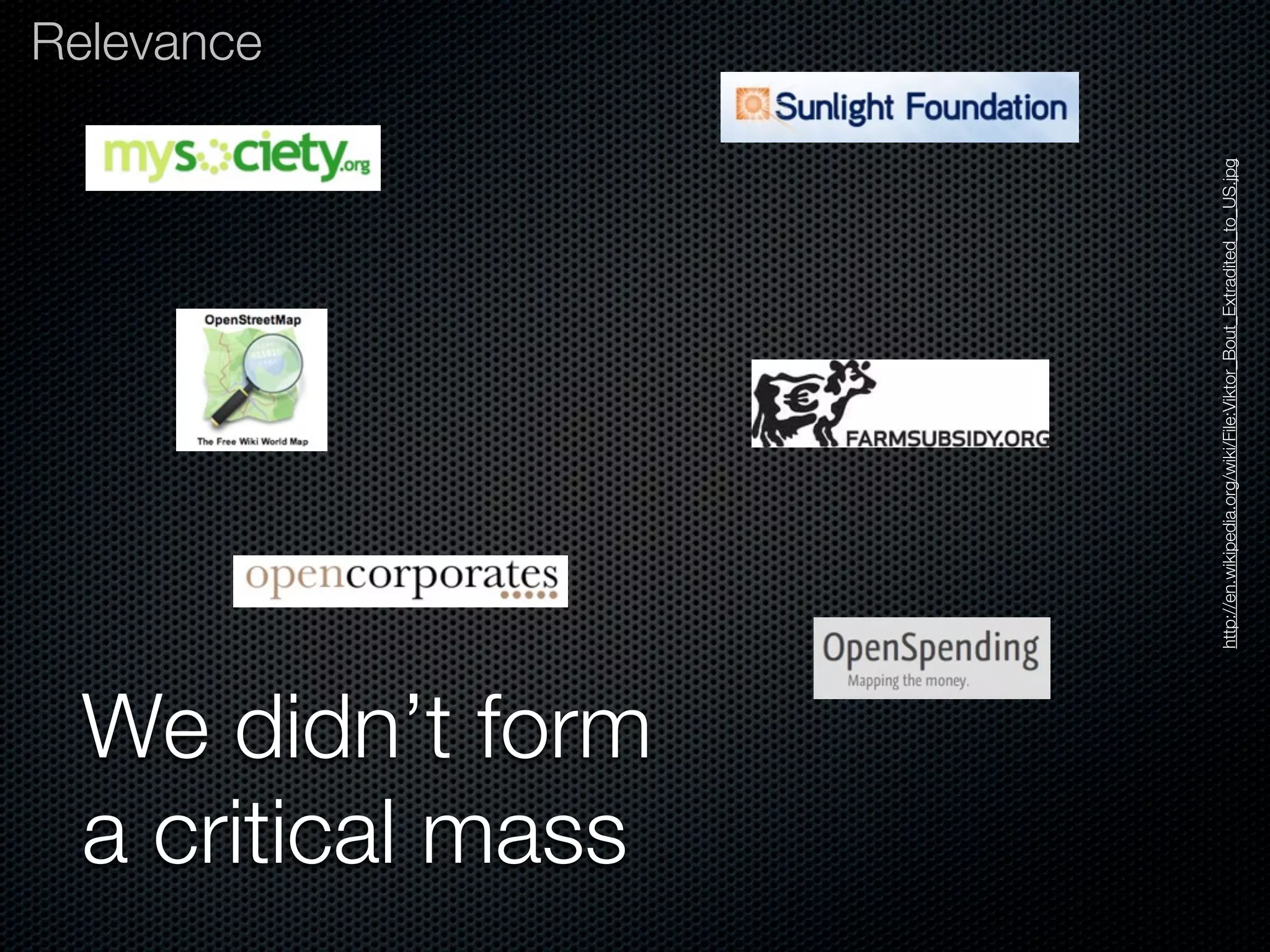 Relevance




a critical mass
We didn’t form




                  http://en.wikipedia.org/wiki/File:Viktor_Bout_Extradited_to_US.jpg
 